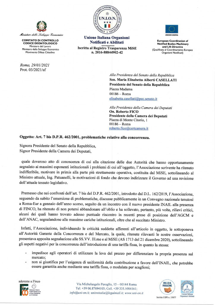 Prot. 03.2021 del 29.01.2021_Nota UN.I.O.N._Art. 7 bis D.P.R. 462.2001 problematiche relative alla concorrenza_ - 0001
